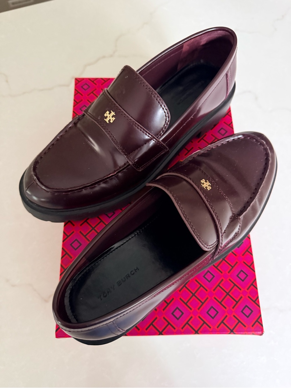 Tory Burch Womens Wine Leather Lug Sole Loafers with Gold Logo